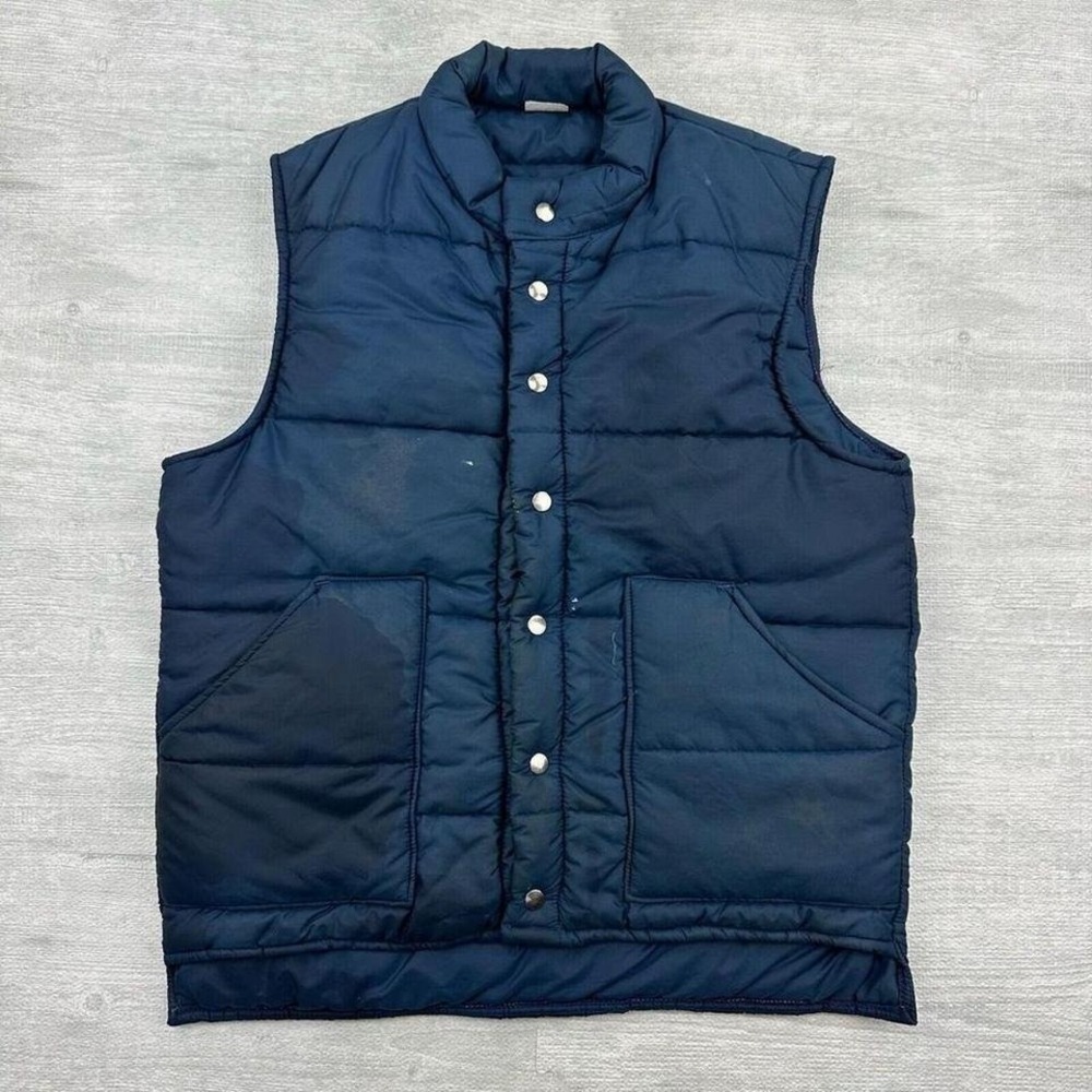 Vintage 80s Sears Quilted Puffer Vest Mens Large Long Blue Outdoors‎ Hunting